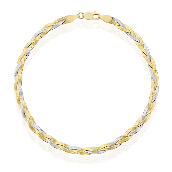 9ct Two Colour Diamond Cut 3-Plait Herringbone Bracelet