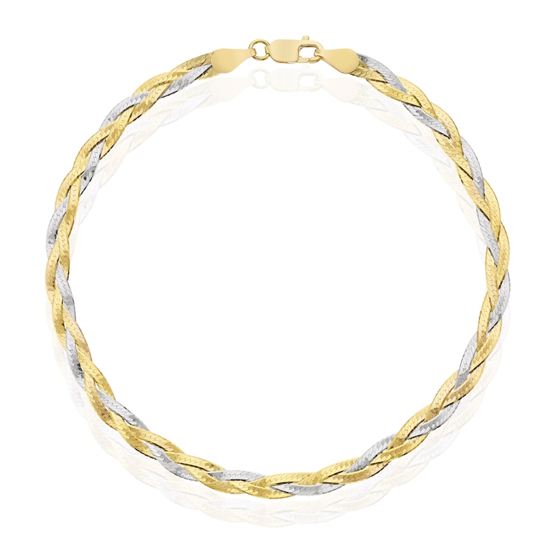 Main Image 1 of 9ct Two Colour Diamond Cut 3-Plait Herringbone Bracelet