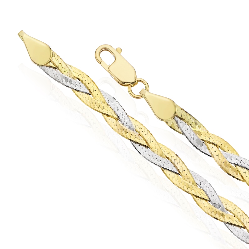 Main Image 3 of 9ct Two Colour Diamond Cut 3-Plait Herringbone Bracelet