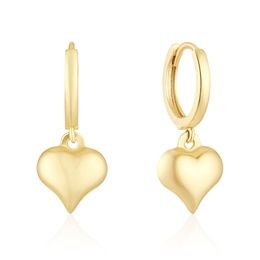 9ct Yellow Gold Puff Heart Huggie Drop Hoops