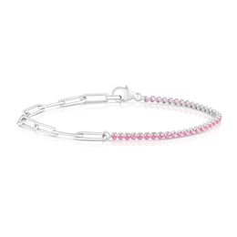 Sterling Silver Pink Cubic Zirconia & Paper link Chain Bracelet