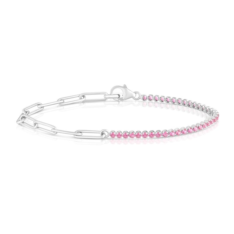 Main Image 1 of Sterling Silver Pink Cubic Zirconia & Paper link Chain Bracelet