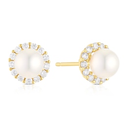 9ct Yellow Gold Pearl & Cubic Zirconia Halo Stud Earrings