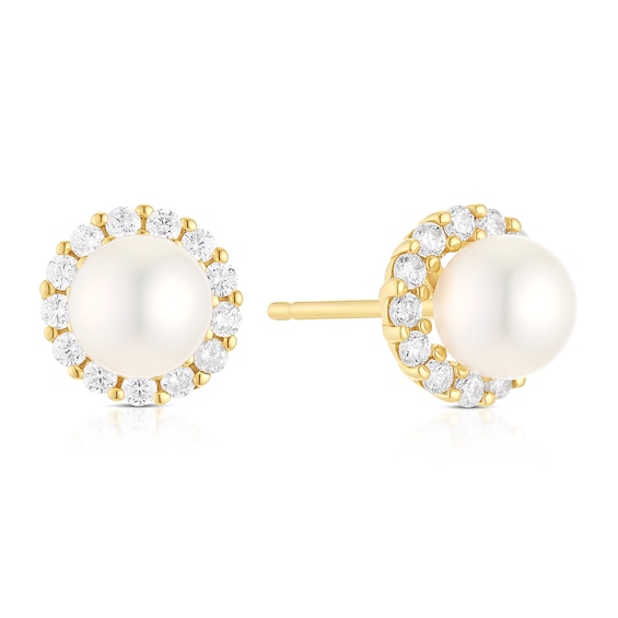 9ct Yellow Gold Pearl and Cubic Zirconia Halo Stud Earrings