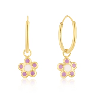 Children's 9ct Yellow Gold Enamel Flower Drop Huggie Hoop Earrings
