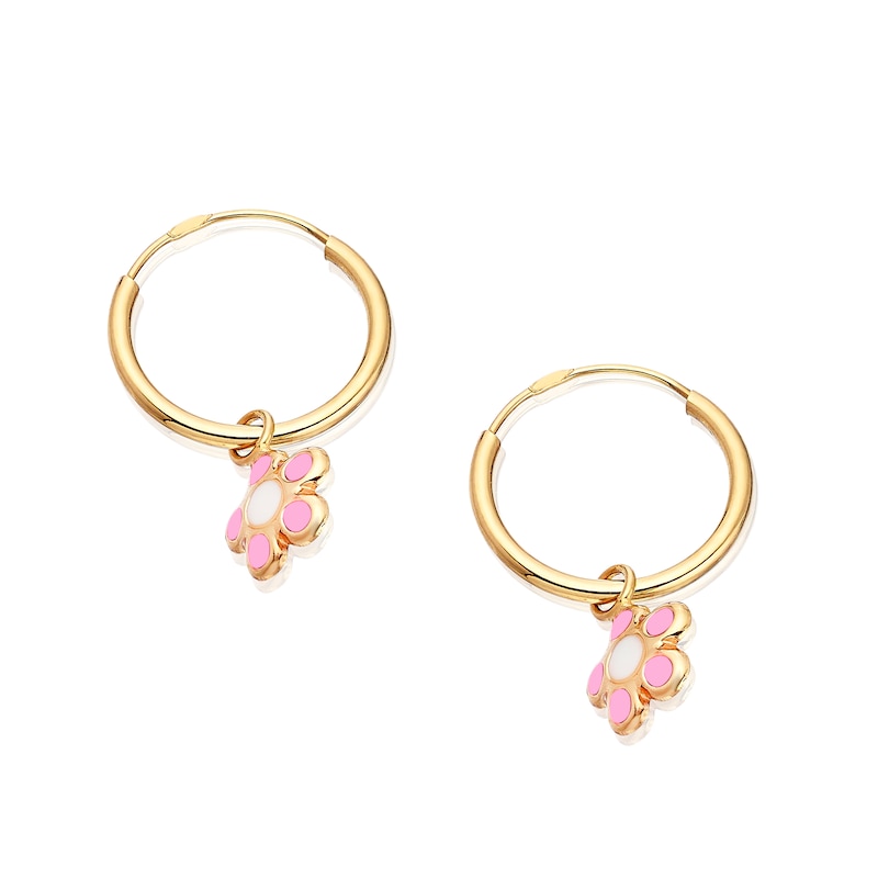 Main Image 2 of Children's 9ct Yellow Gold Enamel Flower Drop Huggie Hoop Earrings