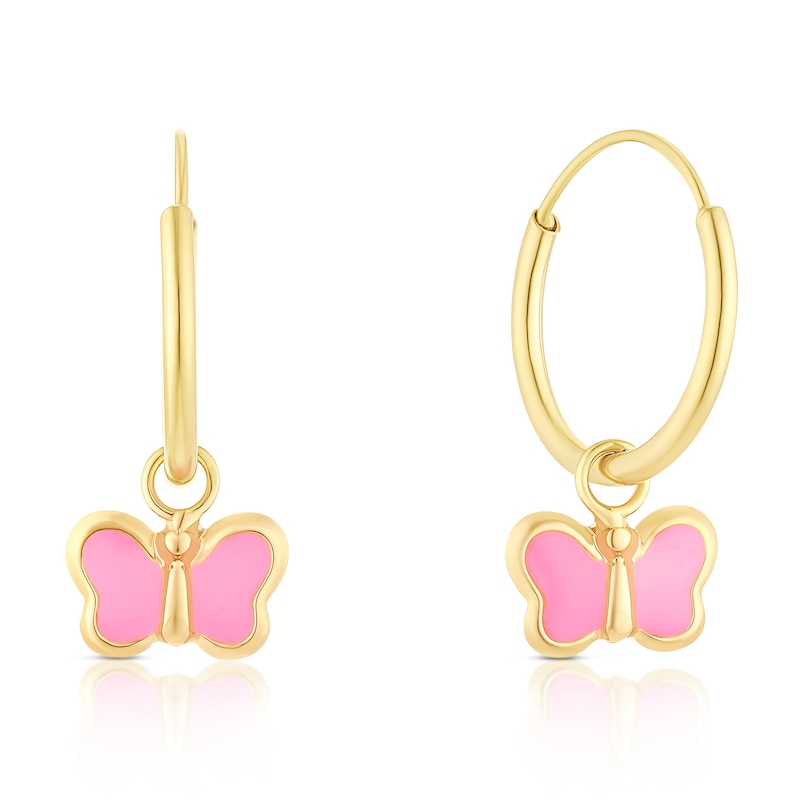 Main Image 1 of Children's 9ct Yellow Gold Enamel Butterfly Drop Huggie Hoop Earrings