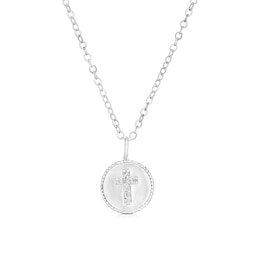 Children's Sterling Silver Round Disc Cubic Zirconia Cross Pendant 14+2" Necklace