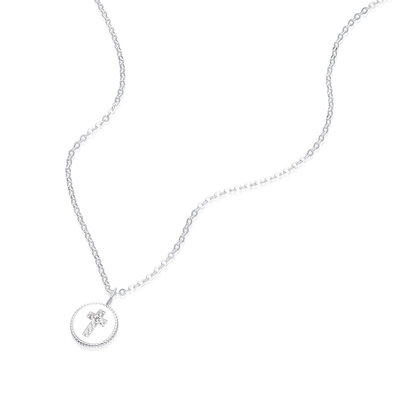 Main Image 2 of Children's Sterling Silver Round Disc Cubic Zirconia Cross Pendant 14+2" Necklace