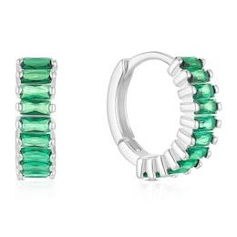 Sterling Silver Green Glass Baguette Cut Hoop Earrings