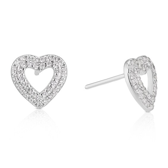 Sterling Silver Cubic Zirconia Pave Open Heart Stud Earrings
