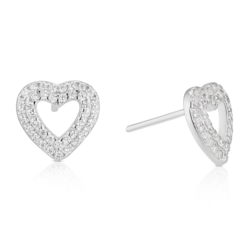 Main Image 1 of Sterling Silver Cubic Zirconia Pavé Open Heart Stud Earrings