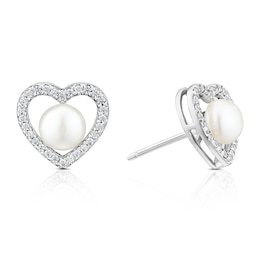 Sterling Silver Heart Pearl & Cubic Zirconia Stud Earrings