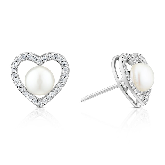 Sterling Silver Heart Pearl and Cubic Zirconia Stud Earrings