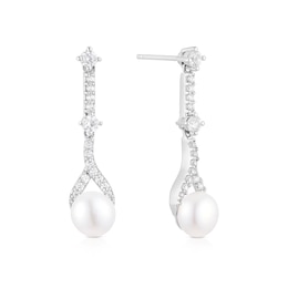 Sterling Silver Pearl & Cubic Zirconia Drop Earrings