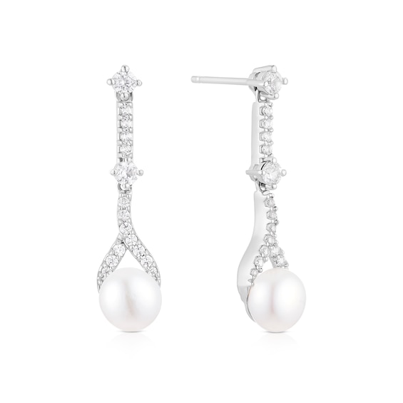 Sterling Silver Pearl and Cubic Zirconia Drop Earrings