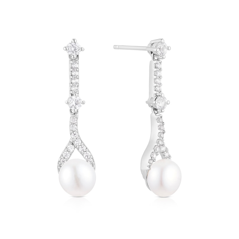 Main Image 1 of Sterling Silver Pearl & Cubic Zirconia Drop Earrings