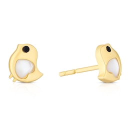 Sterling Silver Gold Tone MOP & Crystal Bird Stud Earrings