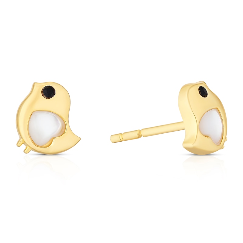 Main Image 1 of Sterling Silver Gold Tone MOP & Crystal Bird Stud Earrings