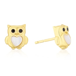 Sterling Silver Gold Tone MOP Owl Stud Earrings