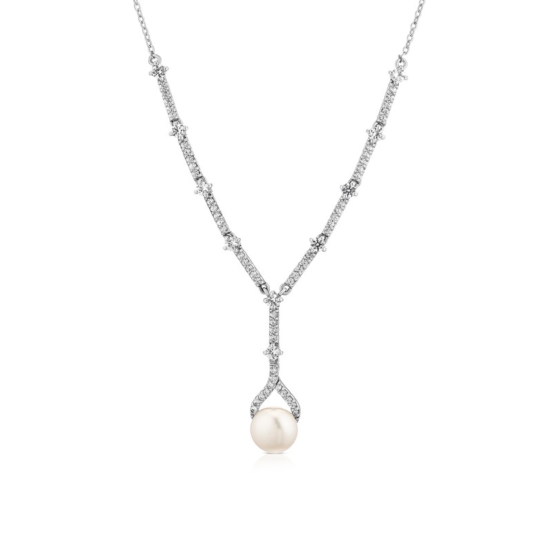 Main Image 1 of Sterling Silver Pearl & Cubic Zirconia Pendant 18" Lariat Necklace