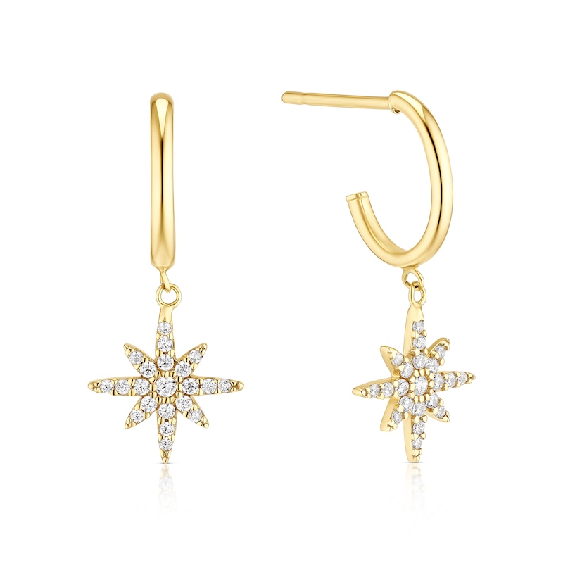 Main Image 1 of 9ct Yellow Gold Cubic Zirconia North Star Drop Hoop Earrings