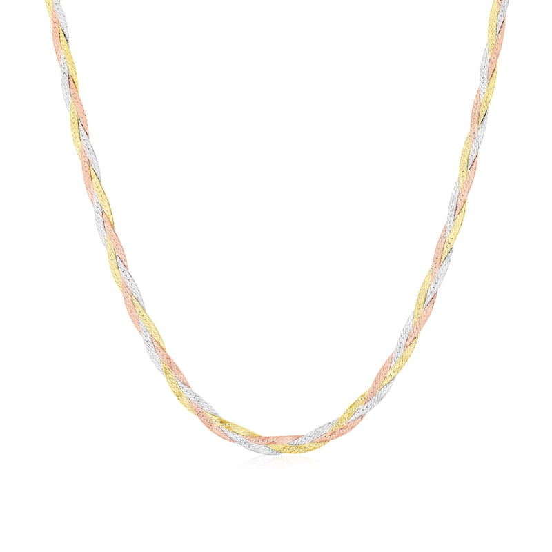 Main Image 1 of 9ct Tri Colour Gold 3 Plait Diamond Cut Herringbone 17" Chain