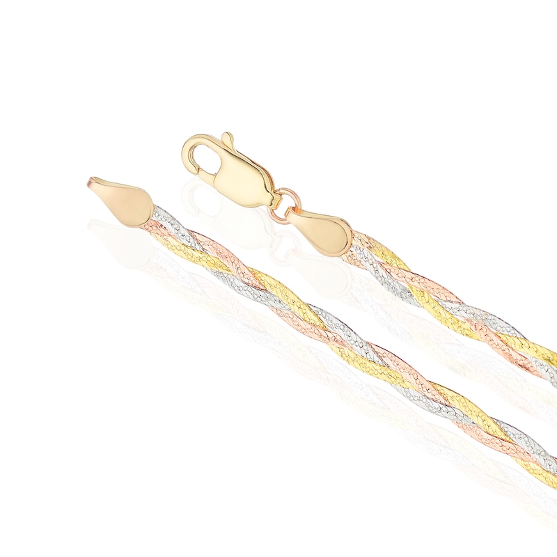 Main Image 3 of 9ct Tri Colour Gold 3 Plait Diamond Cut Herringbone 17" Chain