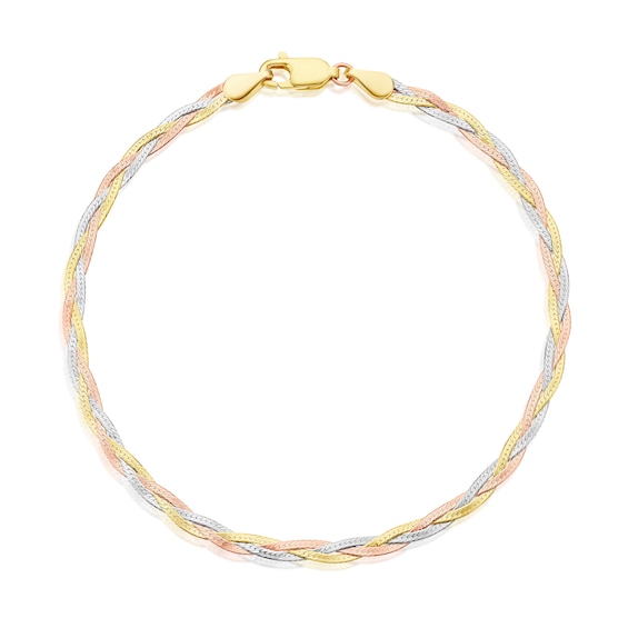 9ct Tri Colour Gold 3 Plait Diamond Cut Herringbone 7.5 Brac