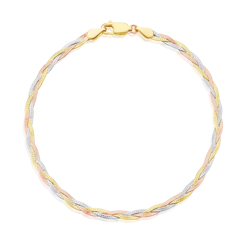 Main Image 1 of 9ct Tri Colour Gold 3 Plait Diamond Cut Herringbone 7.5" Bracelet