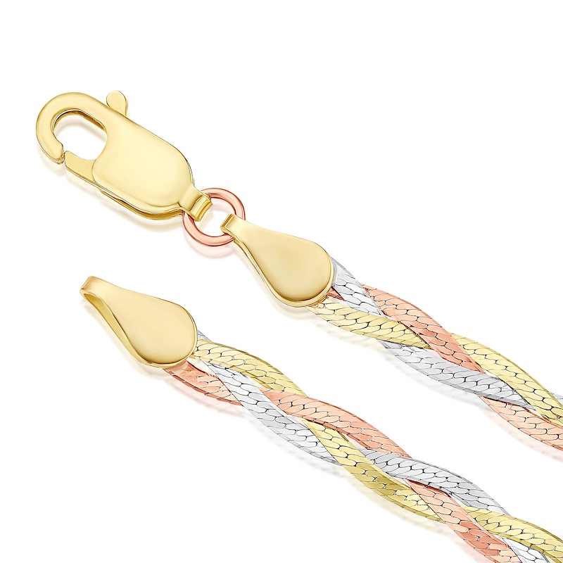 Main Image 3 of 9ct Tri Colour Gold 3 Plait Diamond Cut Herringbone 7.5" Bracelet