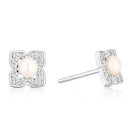 Sterling Silver Pearl Cubic Zirconia Flower Stud Earrings