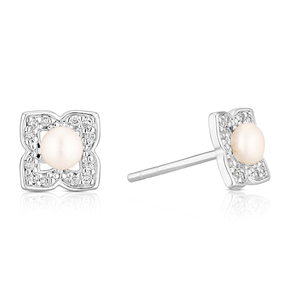 Sterling Silver Pearl Cubic Zirconia Flower Stud Earrings
