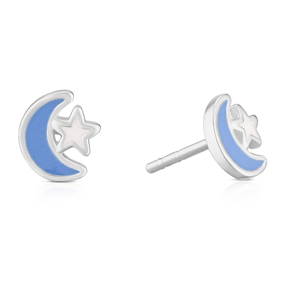 Childrens Sterling Silver Blue Enamel Moon and Star Stud Ear