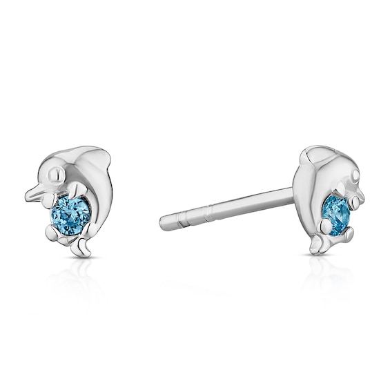 Children's Sterling Silver Dolphin Blue Cubic Zirconia Stud Earrings