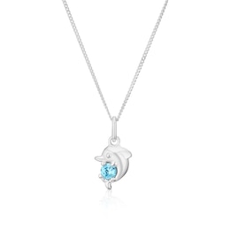 Children's Sterling Silver Dolphin Blue Cubic Zirconia Pendant 14+2" Necklace