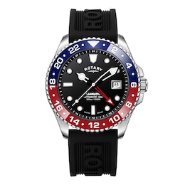 Rotary Men's Blue & Red Bezel Black Silicone Strap Watch