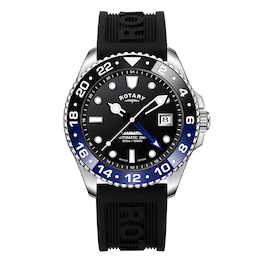 Rotary Men's Black & Blue Bezel Black Silicone Strap Watch