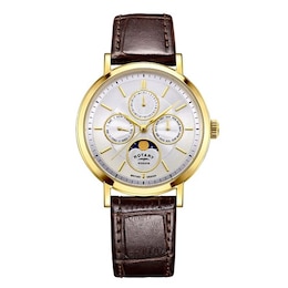 Rotary Moonphase Men's Silver Dial Brown Leather Strap Watch