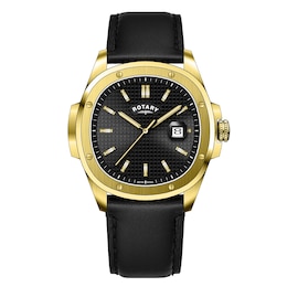 Rotary Men's Black Dial Gold Tone Case Black Leather Strap Watch