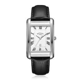 Rotary Men's Rectangle Silver Tone Dial Black Leather Strap Watch