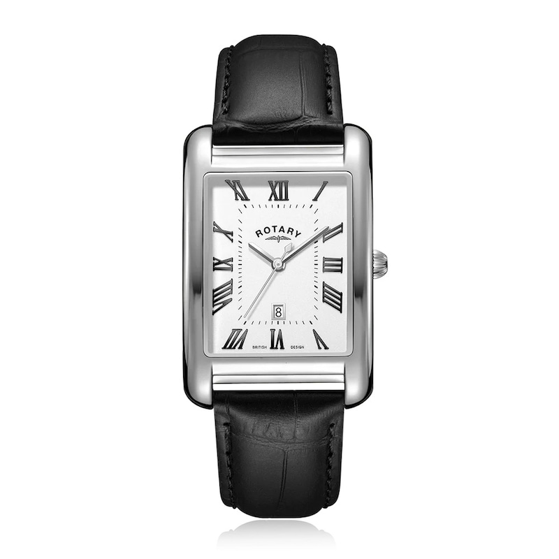 Main Image 1 of Rotary Men's Rectangle Silver Tone Dial Black Leather Strap Watch