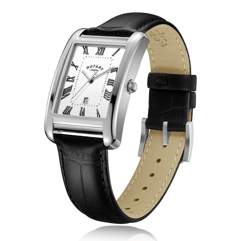 Main Image 2 of Rotary Men's Rectangle Silver Tone Dial Black Leather Strap Watch