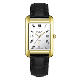 Rotary Men's Rectangle White Dial Black Leather Strap Watch