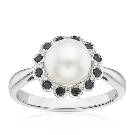 Sterling Silver Pearl, Black Sapphire and Cubic Zirconia Halo Ring
