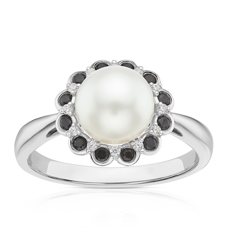 Main Image 1 of Sterling Silver Pearl, Black Sapphire & Cubic Zirconia Halo Ring