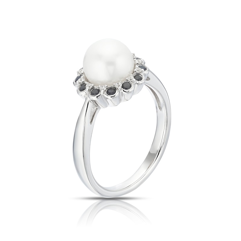 Main Image 2 of Sterling Silver Pearl, Black Sapphire & Cubic Zirconia Halo Ring