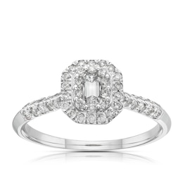 9ct White Gold 0.50ct Diamond Double Halo Emerald Cut Ring