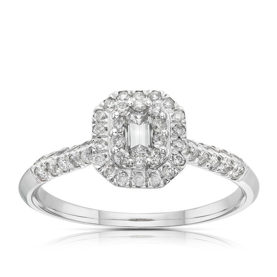 9ct White Gold 0.50ct Diamond Double Halo Emerald Cut Ring