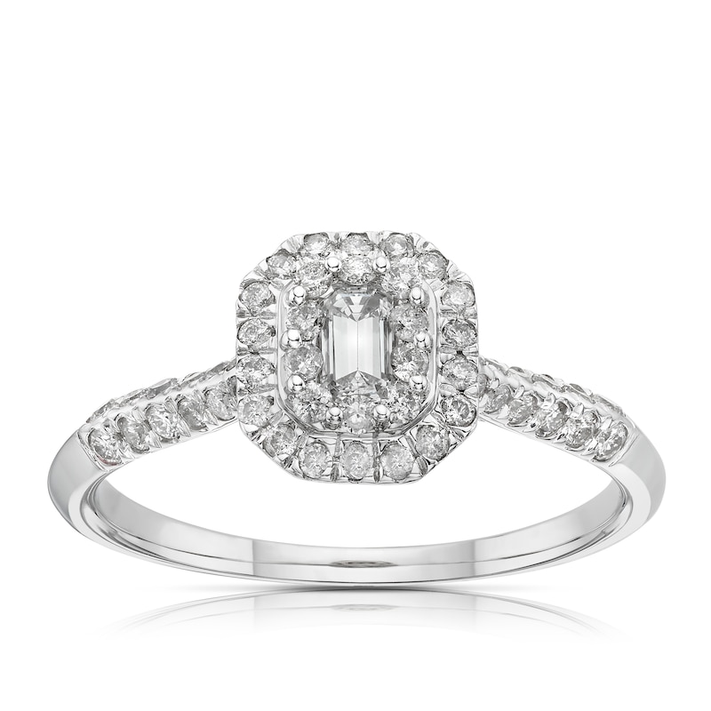 Main Image 1 of 9ct White Gold 0.50ct Diamond Double Halo Emerald Cut Ring